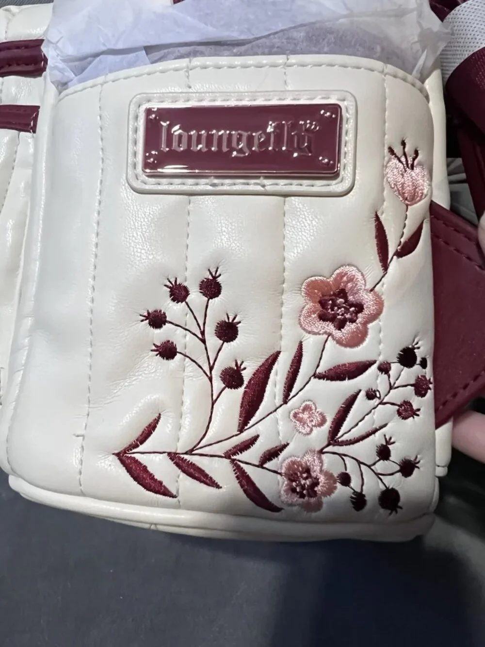 Loungefly Backpack Ivory Quilted Floral Embroidery Burgundy Accents NWT